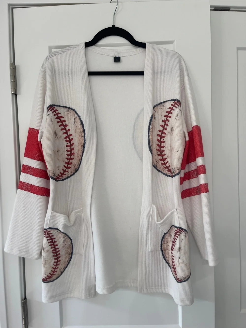 Women’s White Baseball Graphic Open Cardigan Sweater with Red Accents